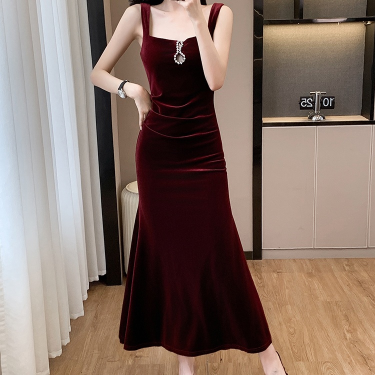 Velvet bottoming long dress inside the ride slim dress