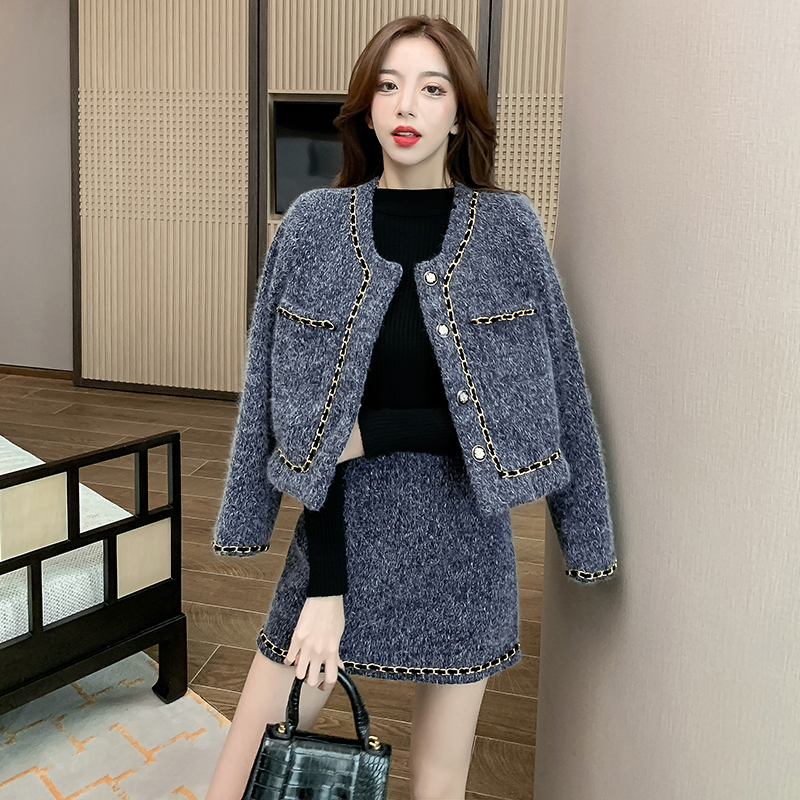 High waist mink velvet skirt short chanelstyle coat 2pcs set