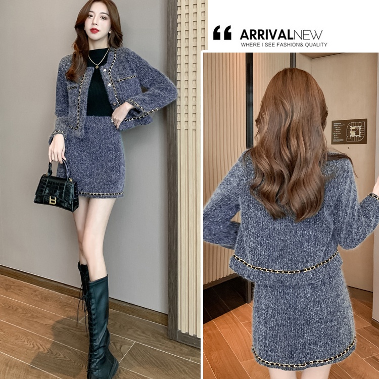 High waist mink velvet skirt short chanelstyle coat 2pcs set