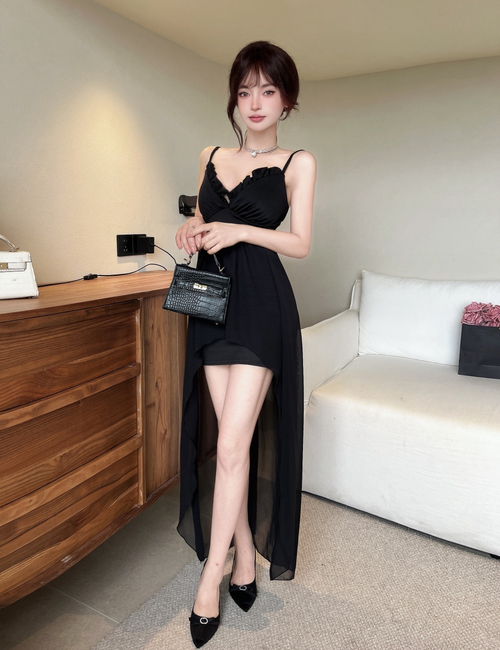 Lotus leaf edges bottoming long splice irregular sexy dress