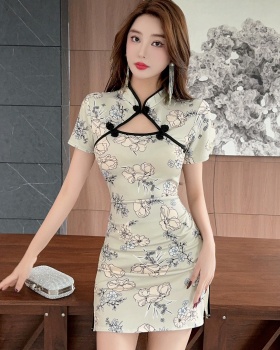 Hollow split dress printing sexy cheongsam