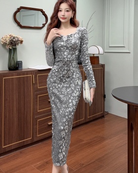 Split retro slim fold formal dress gauze long autumn dress