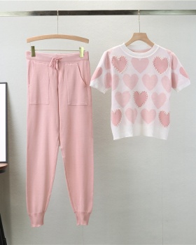 Knitted slim summer heart temperament pencil pants 2pcs set