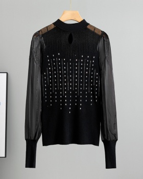 Enticement splice thin tops slim rhinestone gauze sweater for women