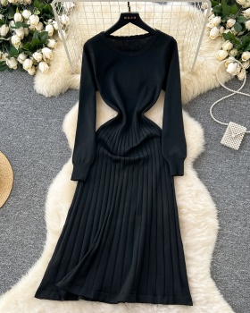 Retro long sleeve sweater dress pinched waist dress for women