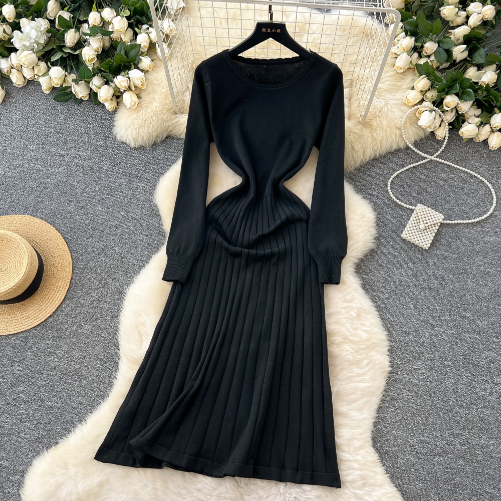 Retro long sleeve sweater dress pinched waist dress for women