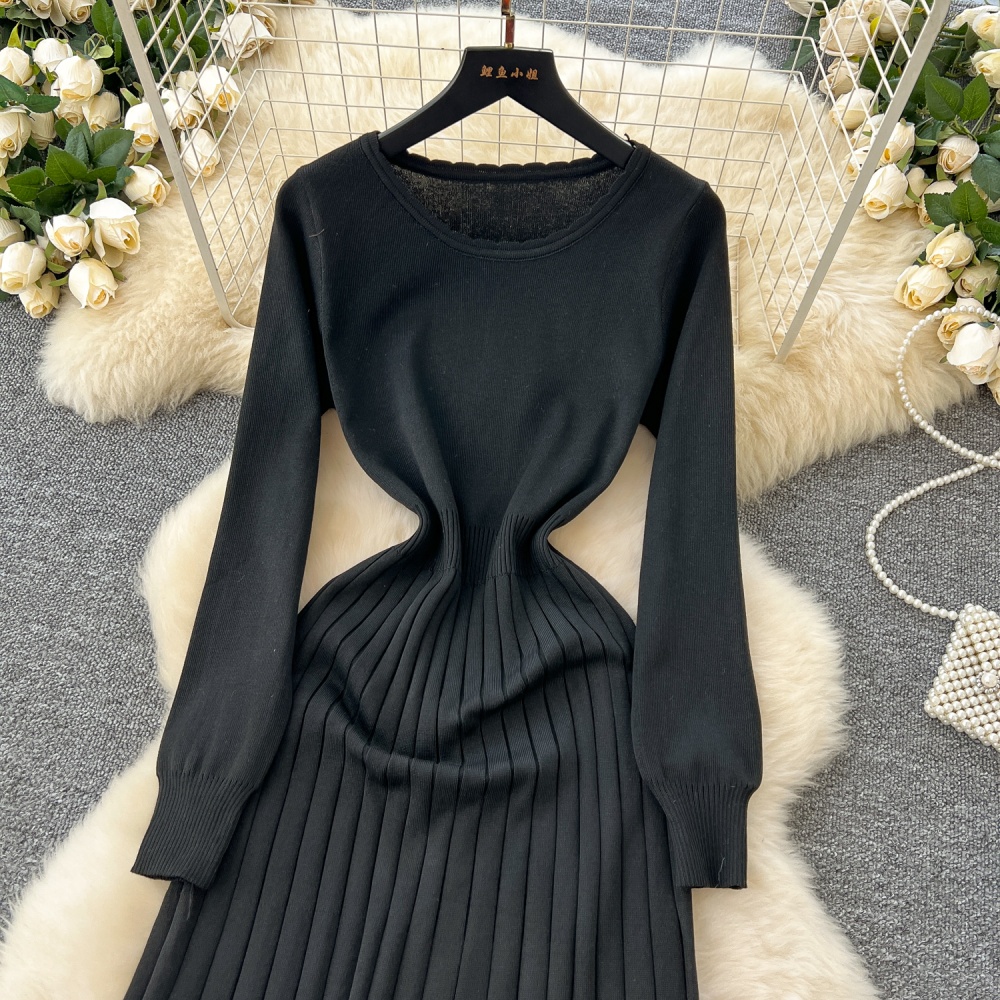 Retro long sleeve sweater dress pinched waist dress for women