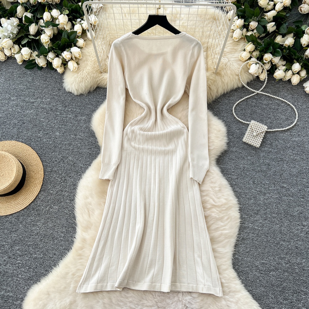 Retro long sleeve sweater dress pinched waist dress for women