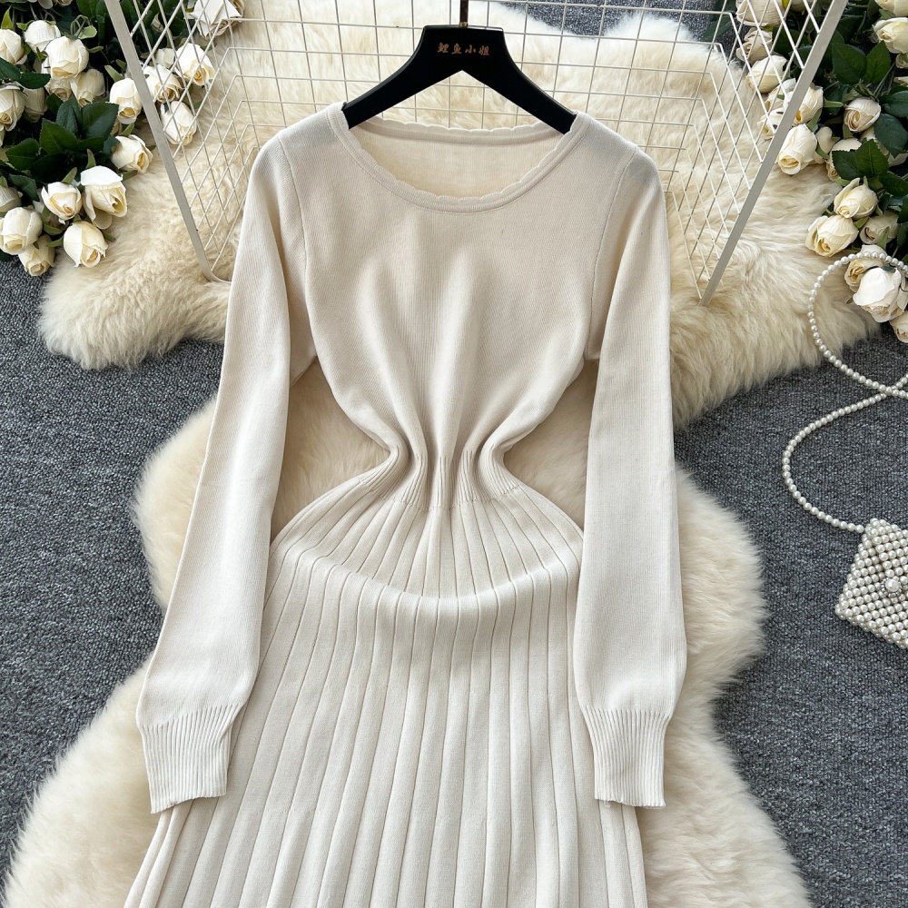 Retro long sleeve sweater dress pinched waist dress for women