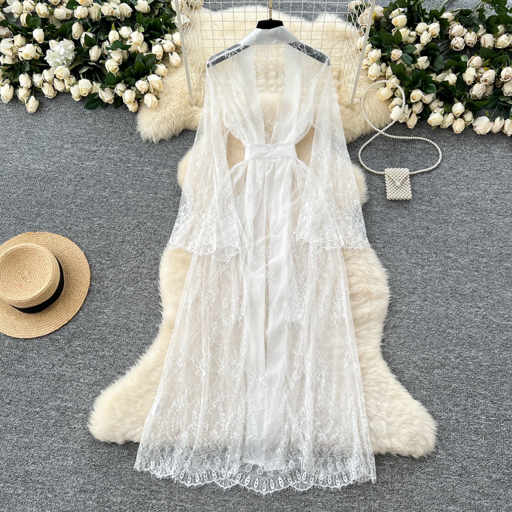 Bow elegant sexy coat pinched waist lace pajamas for women