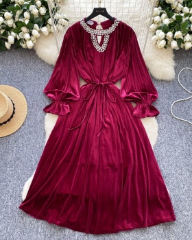 Velvet retro rhinestone pinched waist dress for women