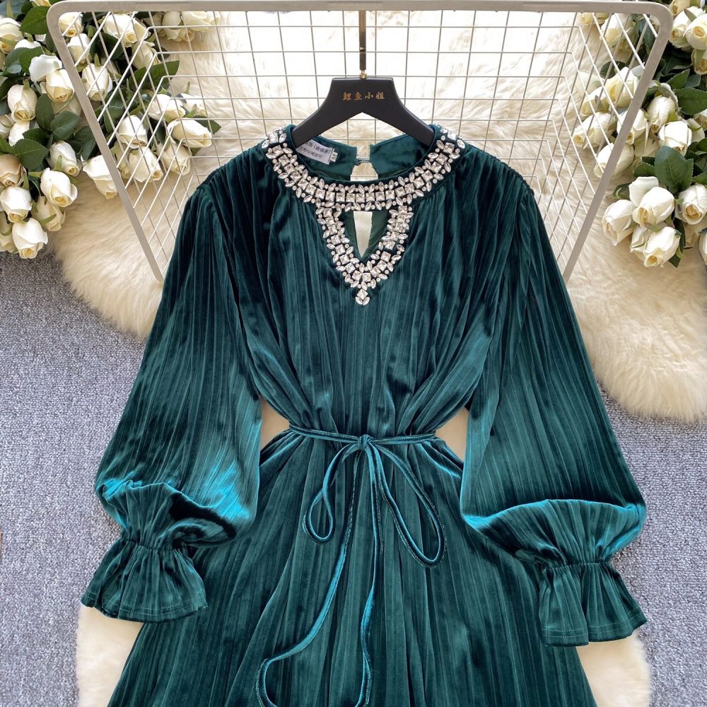 Velvet retro rhinestone pinched waist dress for women