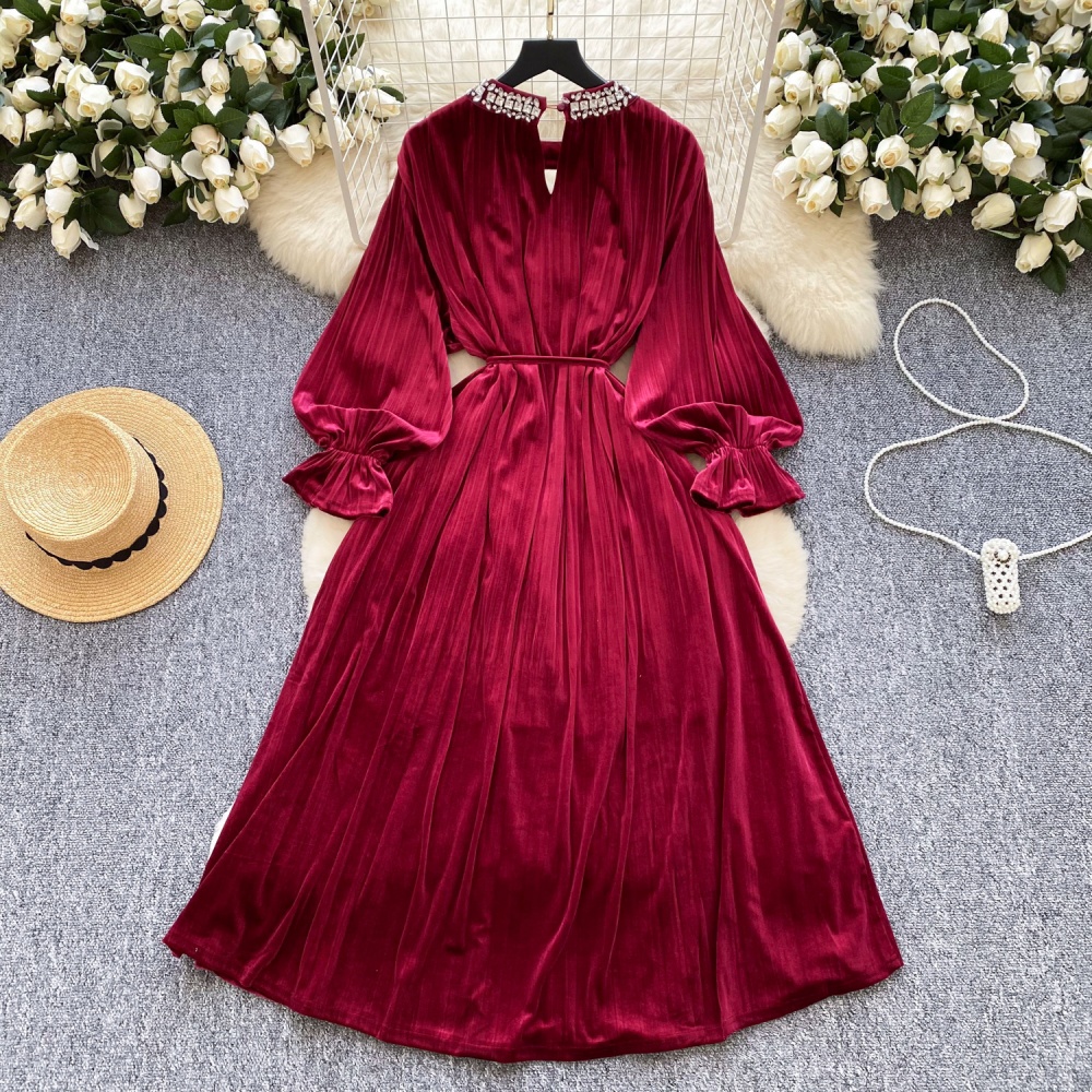 Velvet retro rhinestone pinched waist dress for women