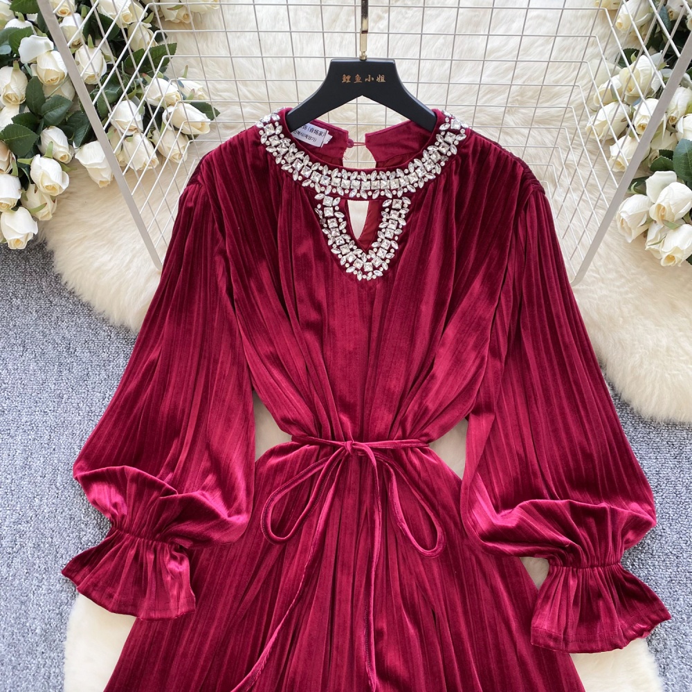 Velvet retro rhinestone pinched waist dress for women