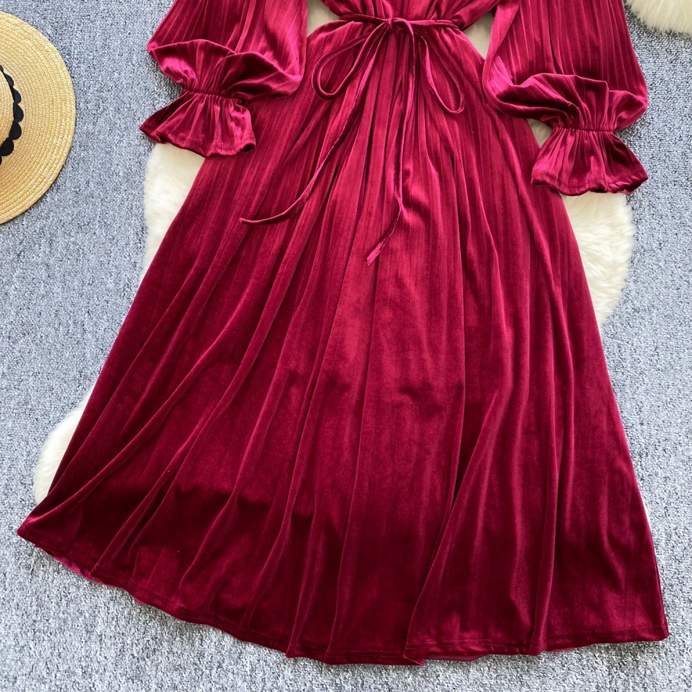 Velvet retro rhinestone pinched waist dress for women