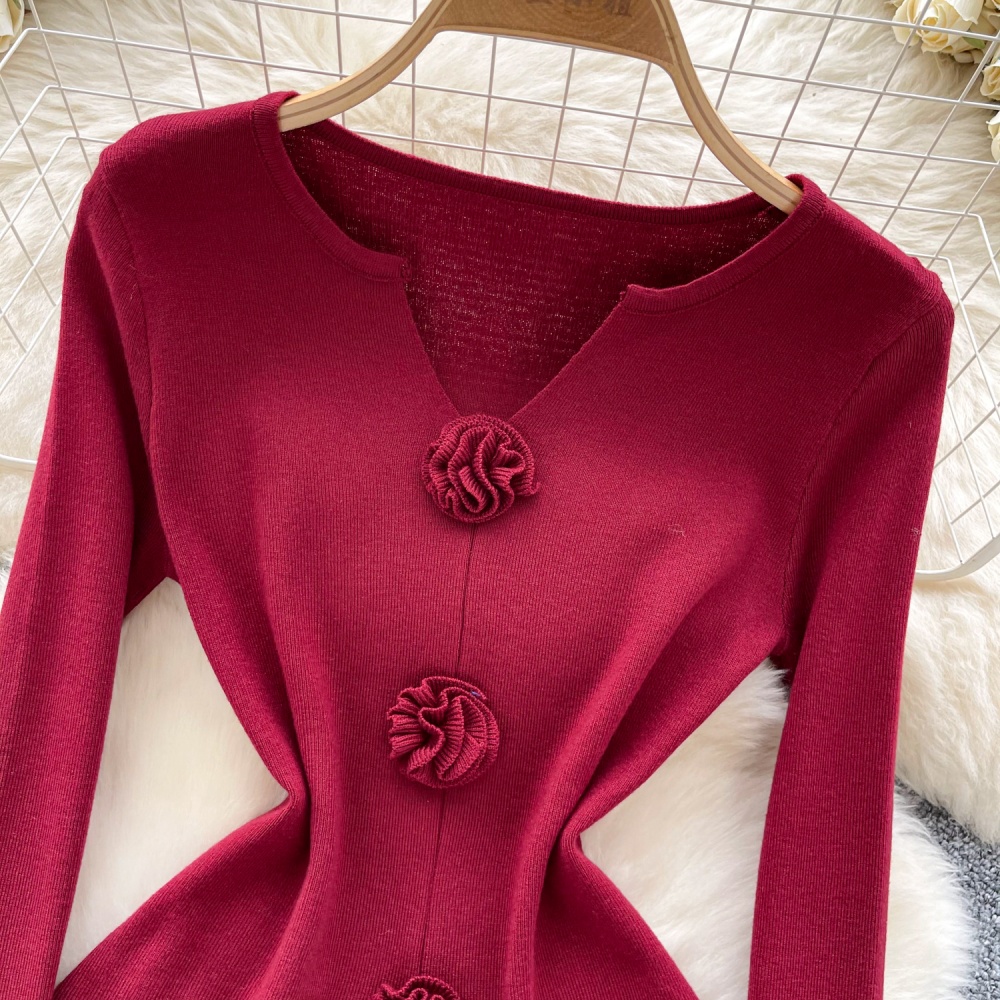 Flowers V-neck enticement tops slim split sweater