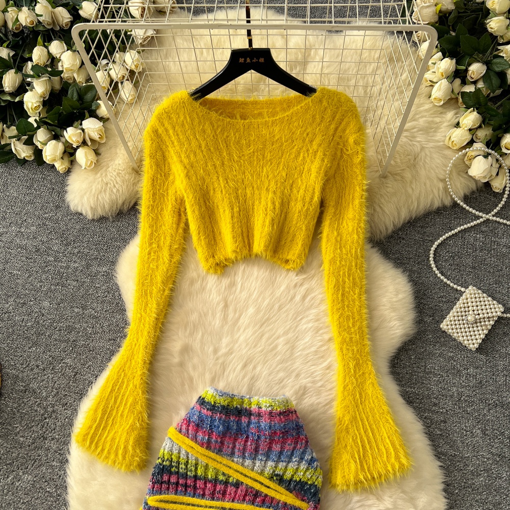 Bandage knitted skirt winter ladies sweater 2pcs set