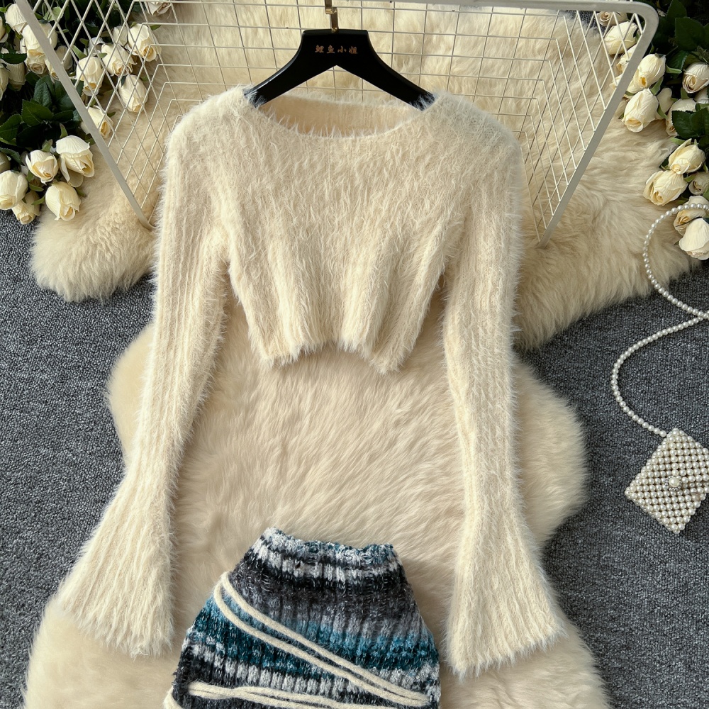 Bandage knitted skirt winter ladies sweater 2pcs set