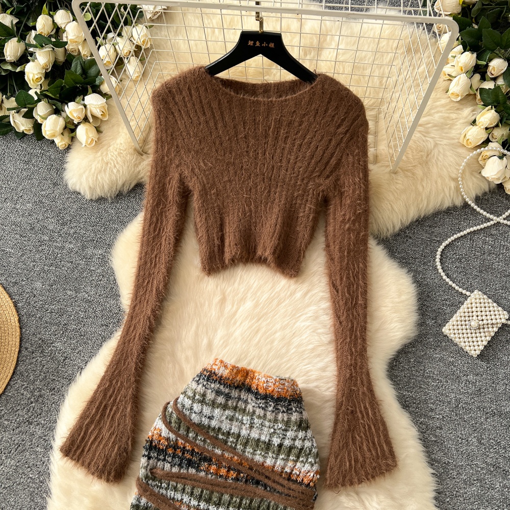 Bandage knitted skirt winter ladies sweater 2pcs set