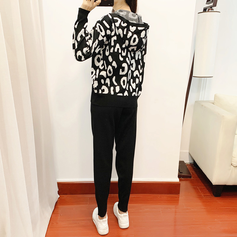 Temperament Casual leopard sweater 3pcs set for women