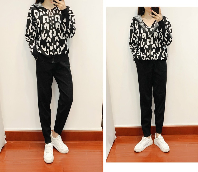 Temperament Casual leopard sweater 3pcs set for women