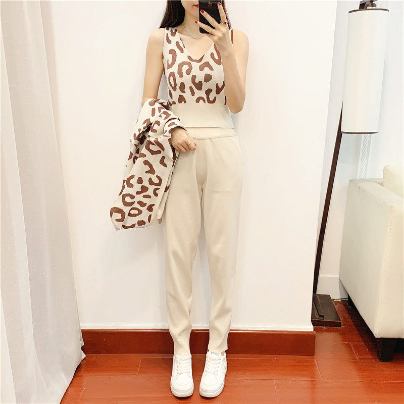 Temperament Casual leopard sweater 3pcs set for women