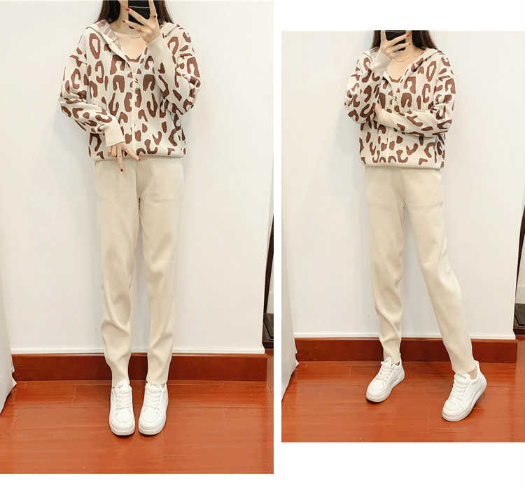 Temperament Casual leopard sweater 3pcs set for women