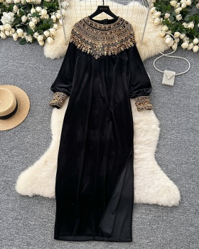 Round neck velvet long dress split loose dress for women