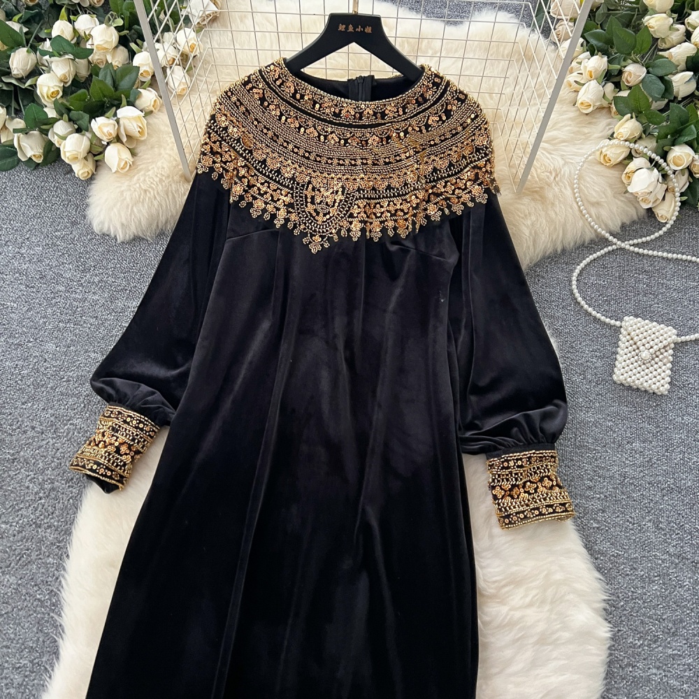 Round neck velvet long dress split loose dress for women