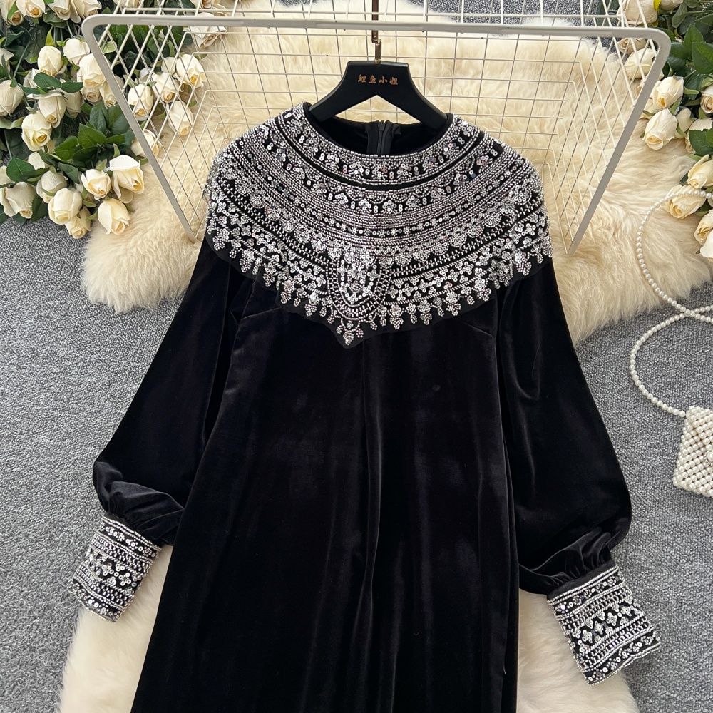 Round neck velvet long dress split loose dress for women