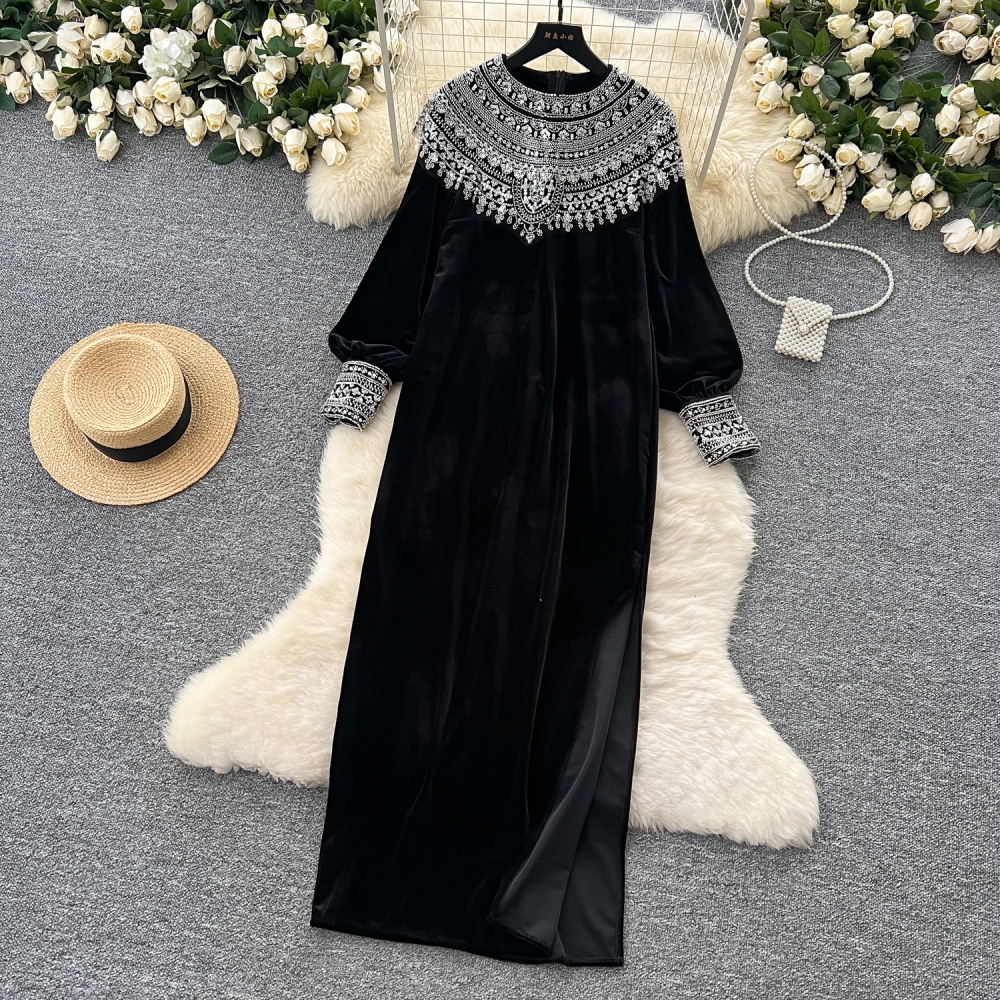 Round neck velvet long dress split loose dress for women