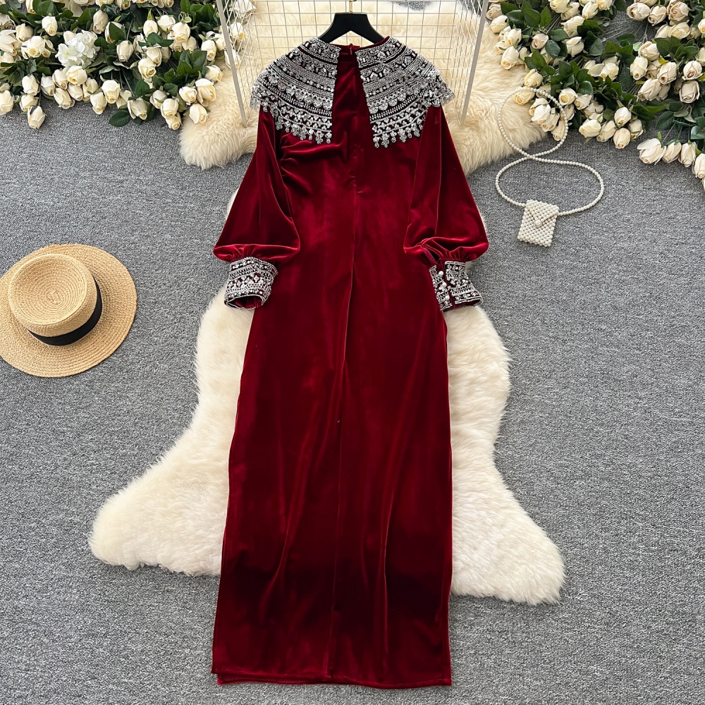 Round neck velvet long dress split loose dress for women