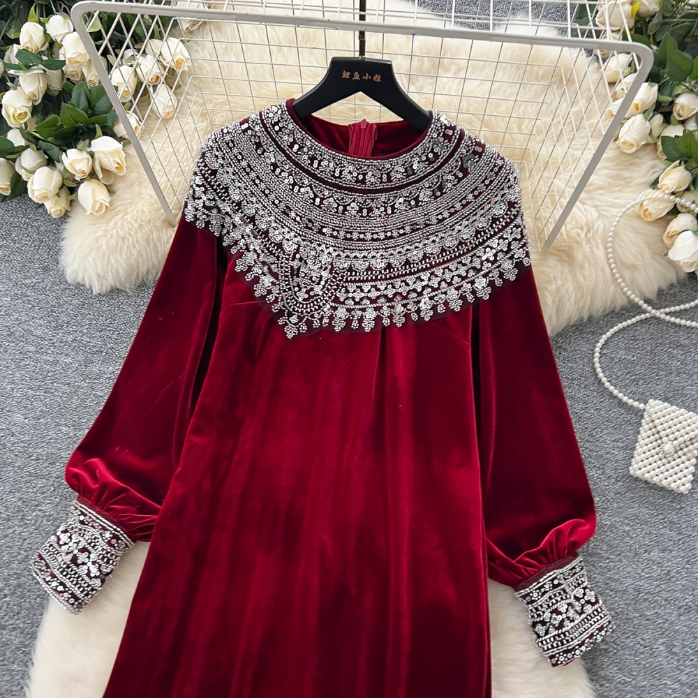 Round neck velvet long dress split loose dress for women