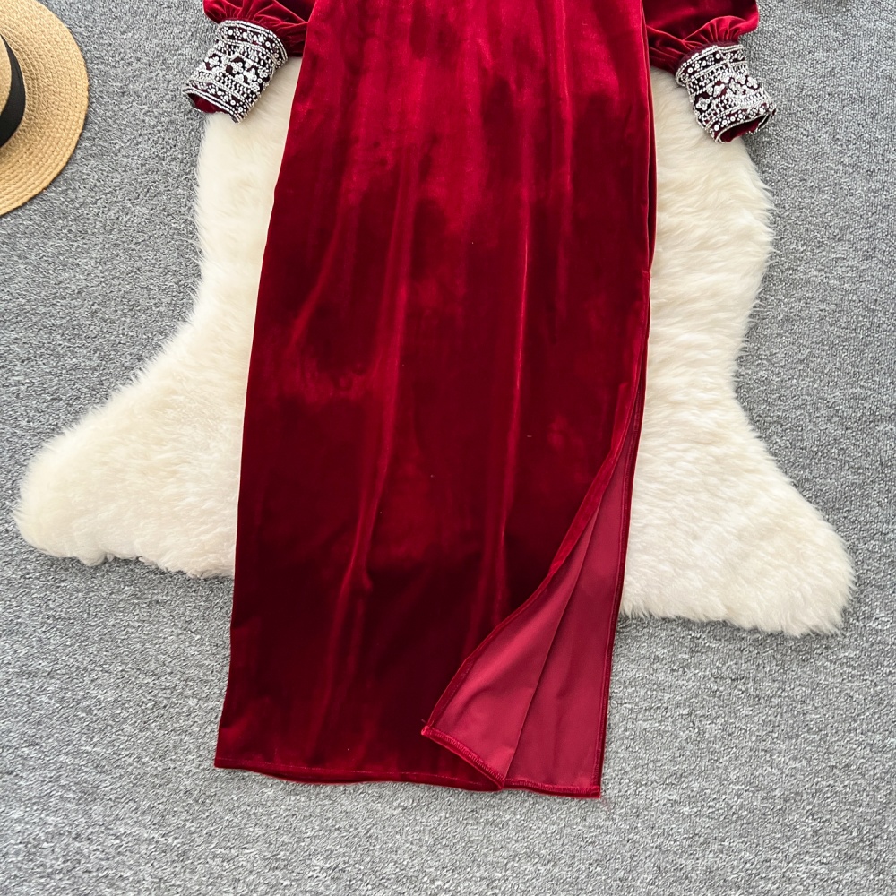 Round neck velvet long dress split loose dress for women