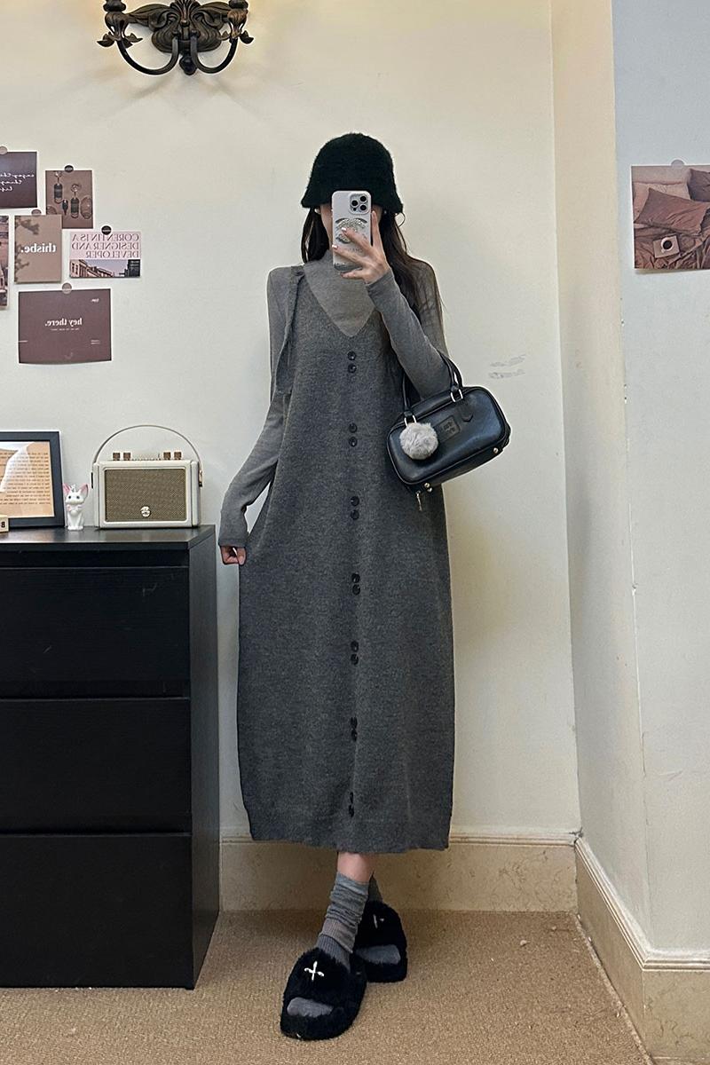 Sling V-neck fat knitted large yard dress 2pcs set