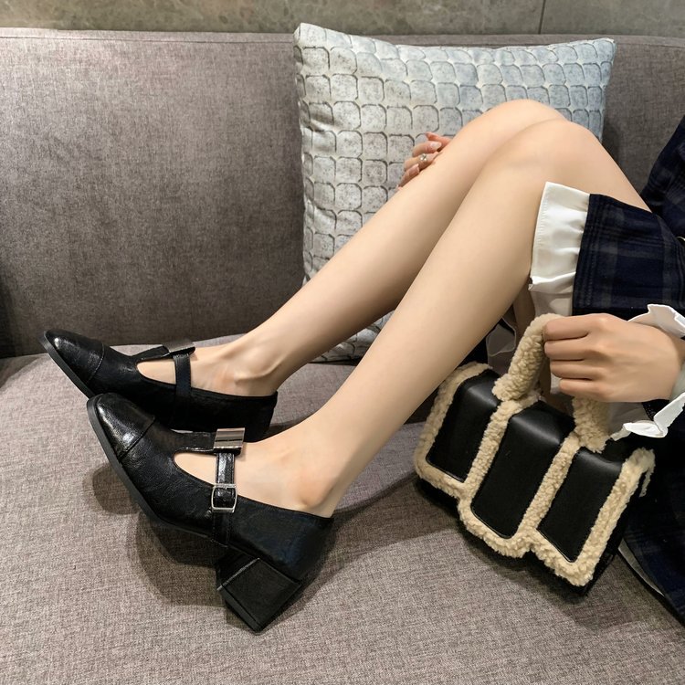 Square head fashion thick shoes small autumn leather shoes