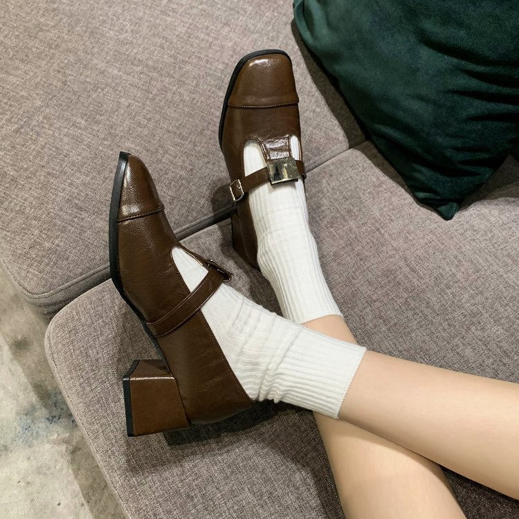 Square head fashion thick shoes small autumn leather shoes