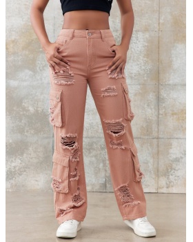 Pure Casual holes not elastic high waist jeans