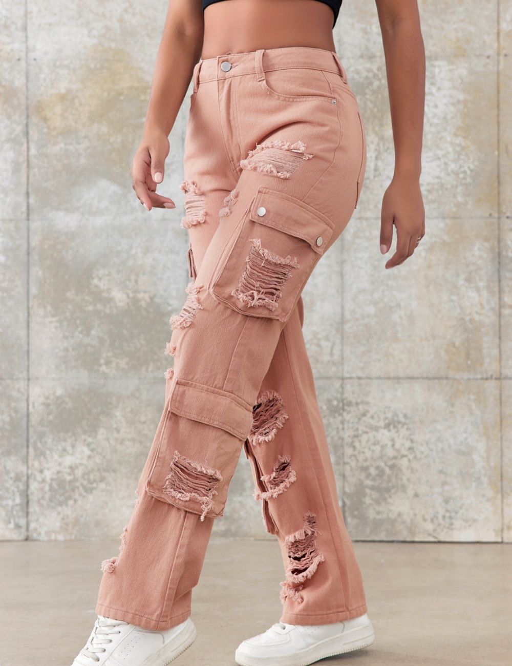 Pure Casual holes not elastic high waist jeans