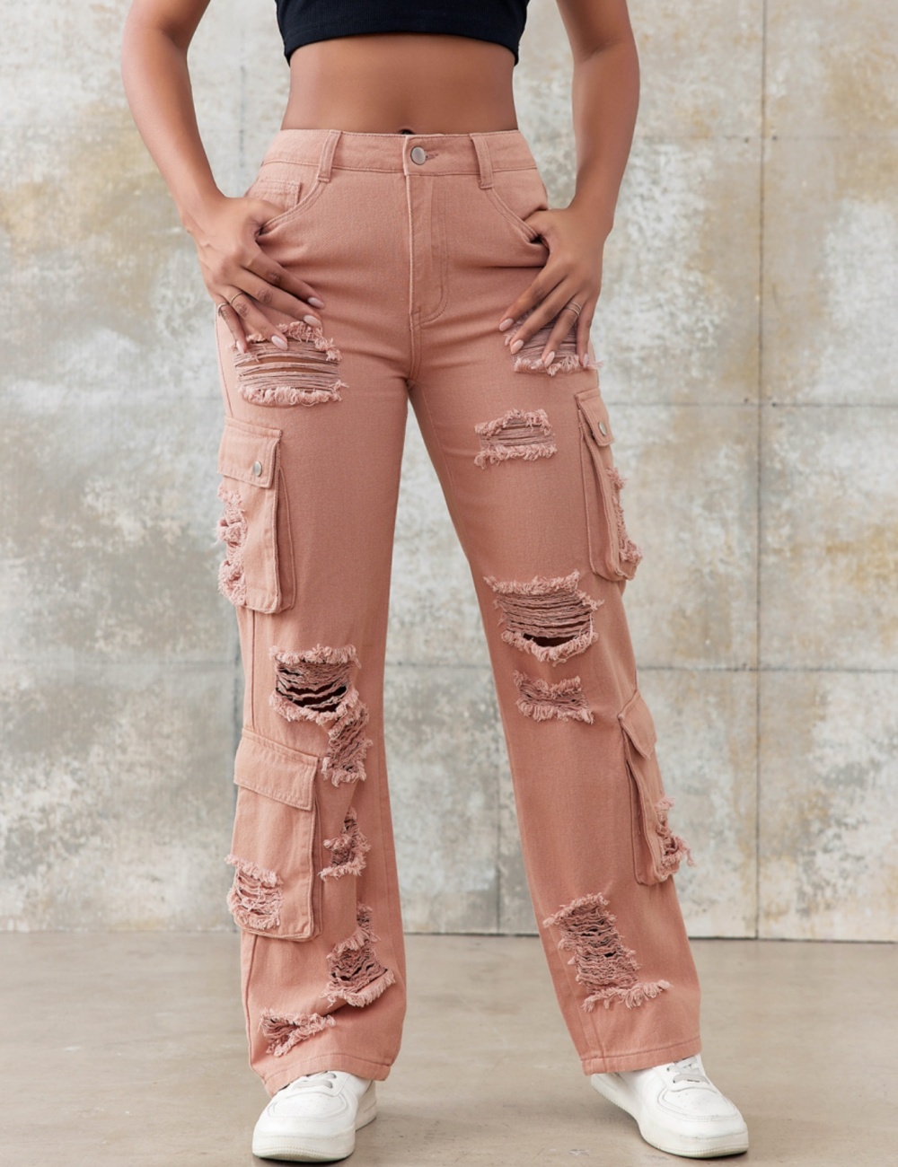 Pure Casual holes not elastic high waist jeans