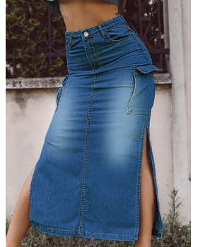 High split fashion high waist European style denim skirt