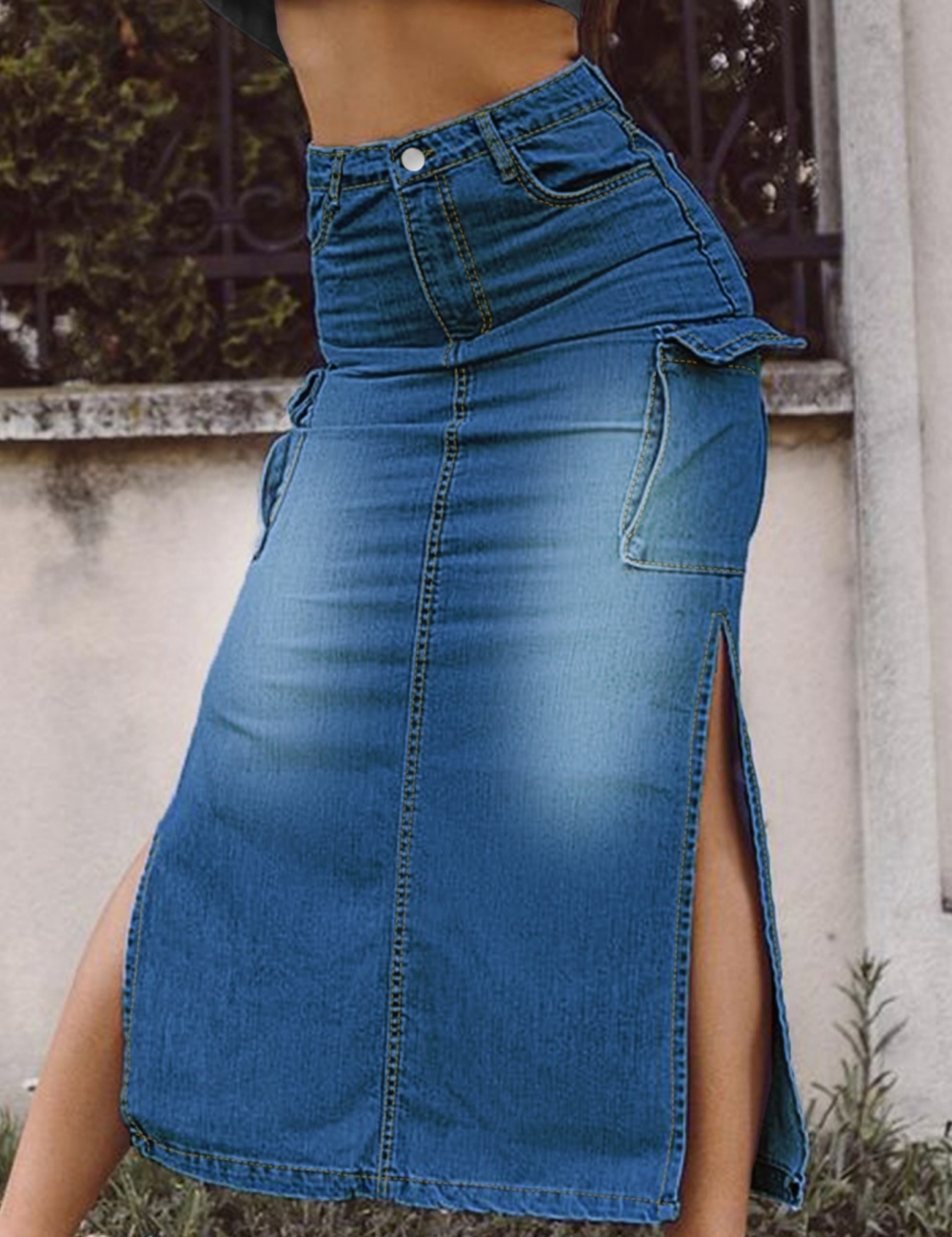 High split fashion high waist European style denim skirt