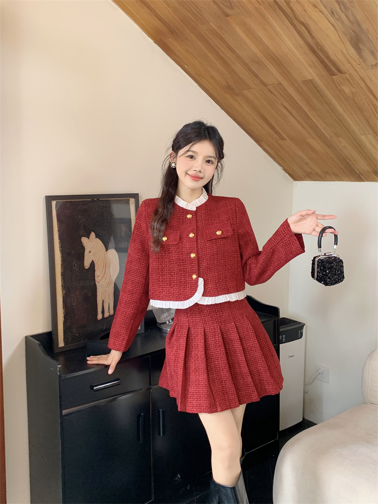 Red light luxury skirt chanelstyle ladies jacket 2pcs set