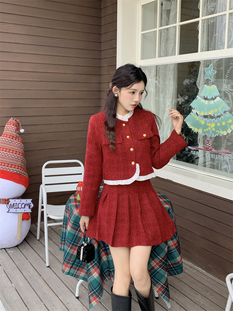 Red light luxury skirt chanelstyle ladies jacket 2pcs set