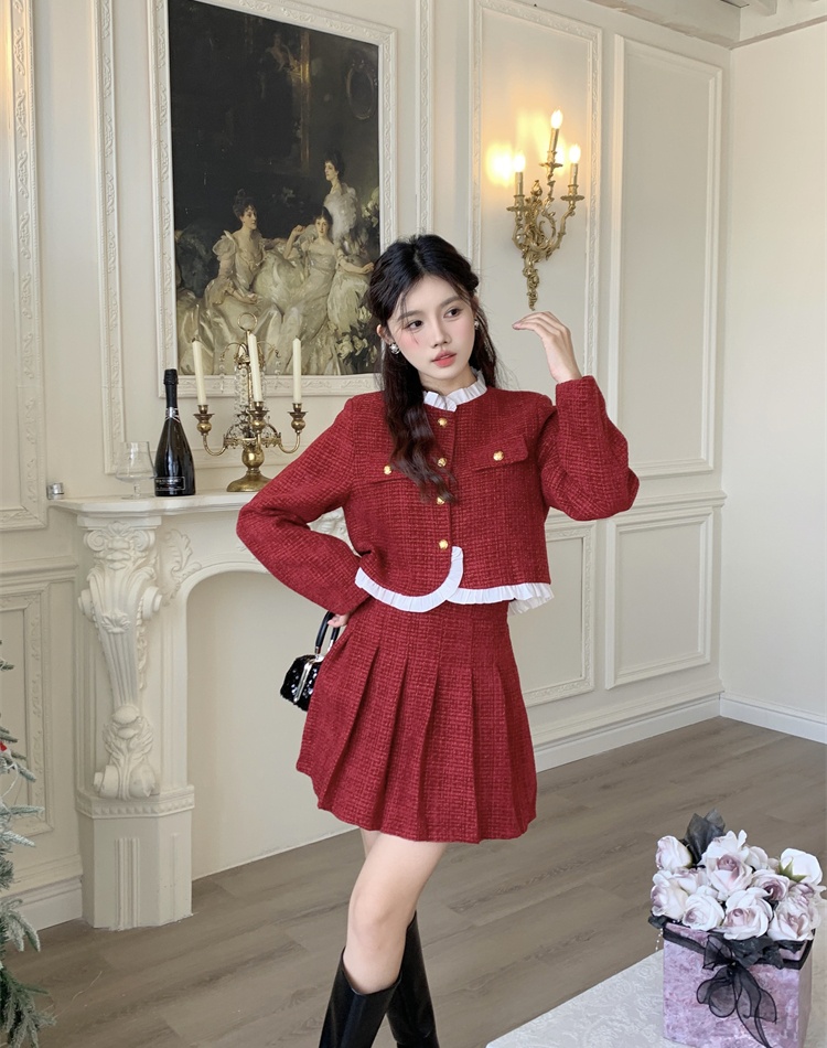 Red light luxury skirt chanelstyle ladies jacket 2pcs set