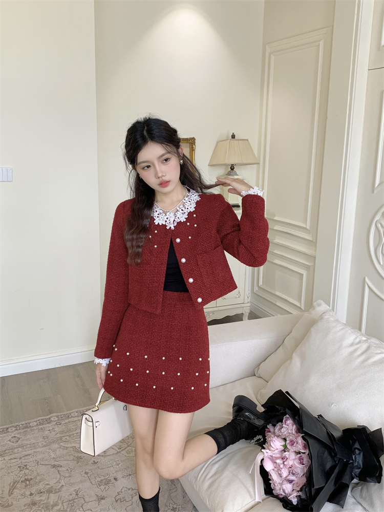 Plus cotton ladies short skirt lace jacket 2pcs set for women