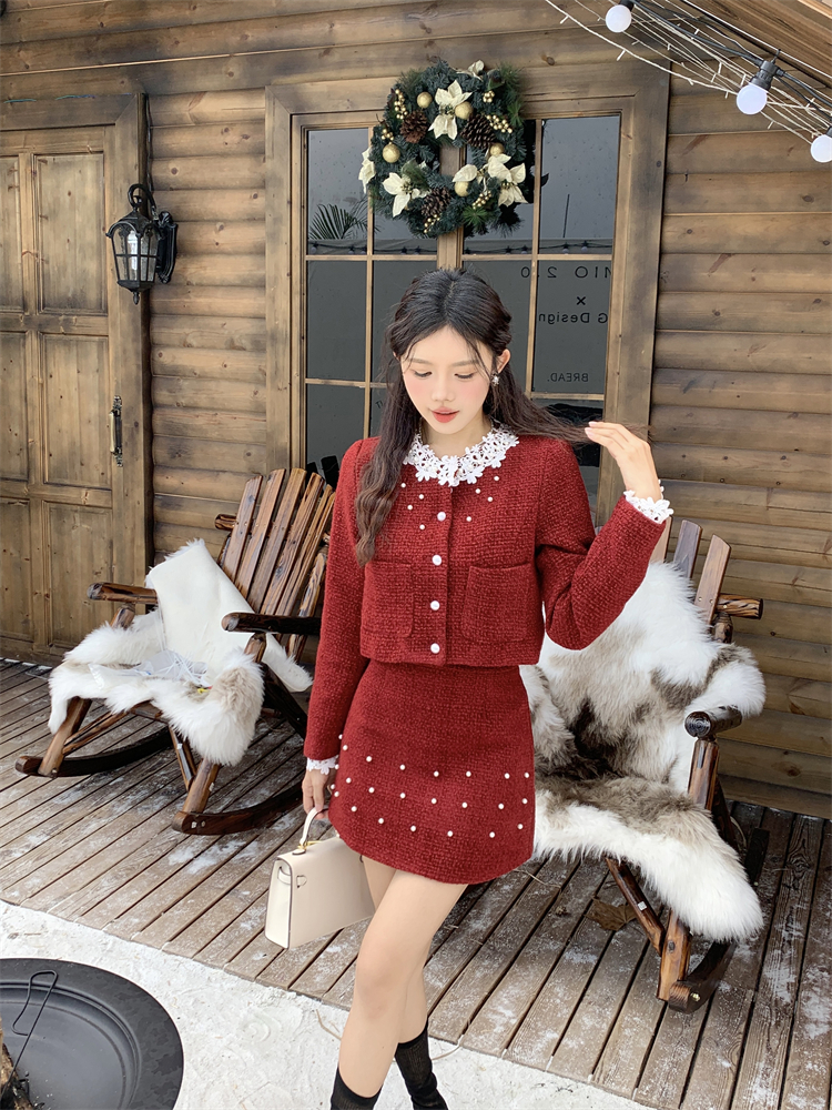 Plus cotton ladies short skirt lace jacket 2pcs set for women