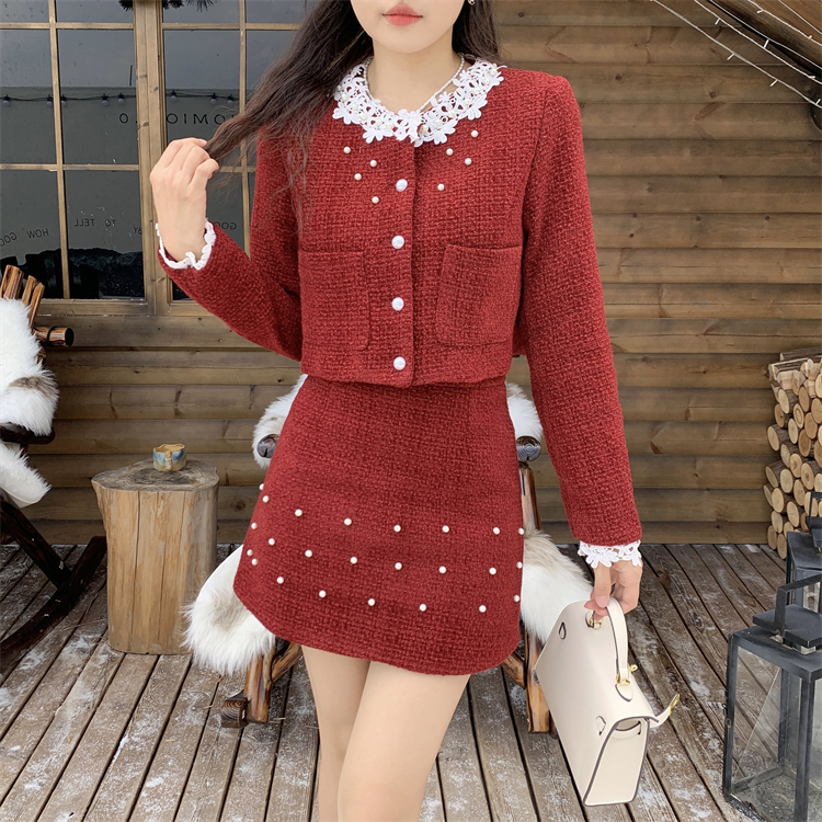 Plus cotton ladies short skirt lace jacket 2pcs set for women