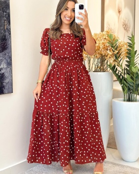 Red retro European style polka dot square collar dress