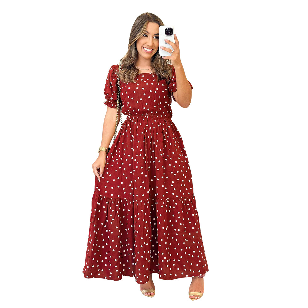 Red retro European style polka dot square collar dress